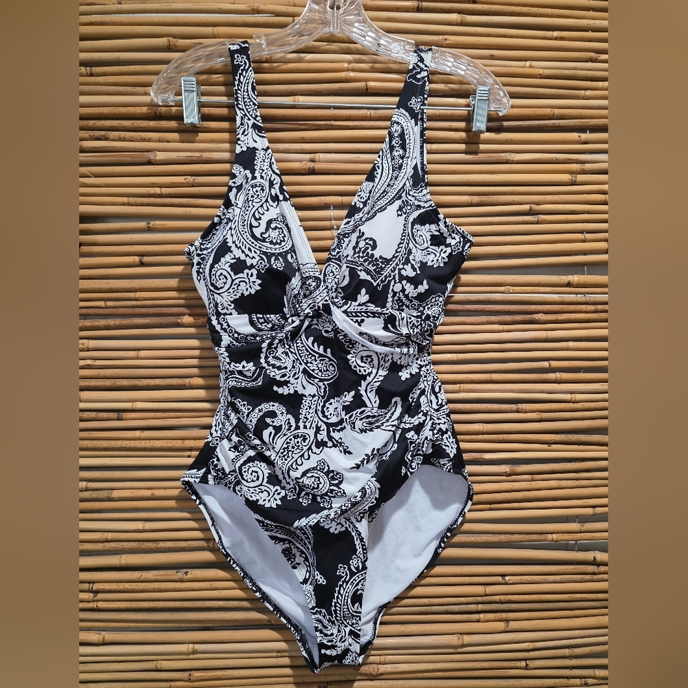 Ralph Lauren Black & White Paisley One Piece Underwire Swimsuit NEW W/Tags